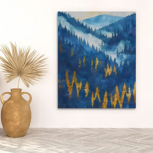 Gold Blue Forest Hills - Blue Gold and White Art for Bedroom