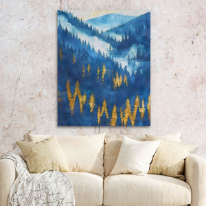 Gold Blue Forest Hills - Forest Wall Art in Black Frame