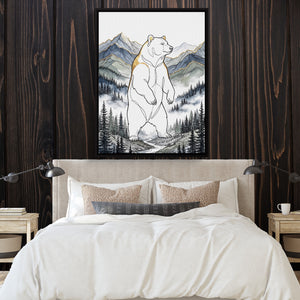 Golden Bear Standing — golden bear standing sq bedroom with wood walls 1port framed black