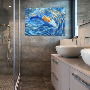 Golden Crest Koi - Blue Canvas Wall Art