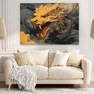 Golden Dragon - Fantasy Wall Art in Black Frame