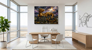 Golden Dragon Stonehenge โ golden dragon stonehenge office space with furniture 1land flush print