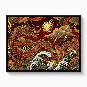 Golden Dragon Waves — golden dragon waves white studio framed black