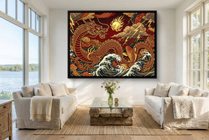 Golden Dragon Waves — golden dragon waves living room with couches 1land framed black