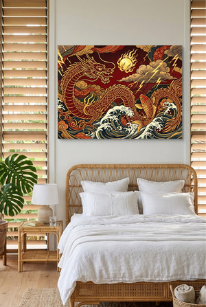 Golden Dragon Waves — golden dragon waves p bedroom with window blinds 1land flush print