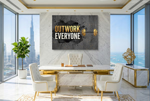 Golden Dumbbell Motivation โ golden dumbbell motivation office with city view 2 1land flush print