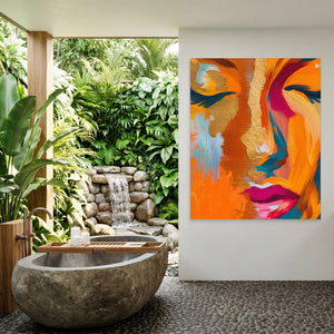 Golden Face Abstraction canvas wall art, room view