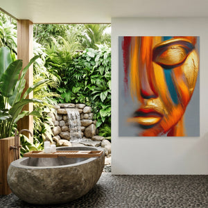 Golden Face Calligraphy canvas wall art, room view