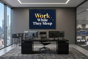 Golden Night Work โ golden night work office desk with monitors 1land flush print