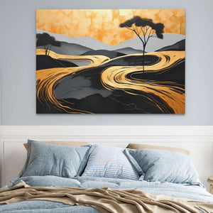 Golden Pathways - Horizontal Wall Art in Black Frame
