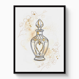 Golden Perfume Bottle — golden perfume bottle white studio framed black