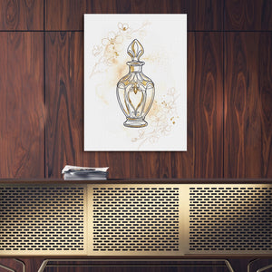 Golden Perfume Bottle — golden perfume bottle sq luxury wood wall close 1port flush print