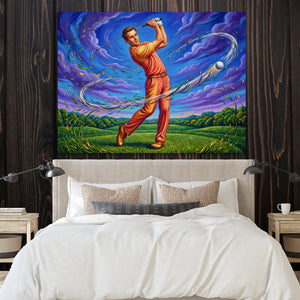 Golfer Cosmic Swing โ golfer cosmic swing sq bedroom with wood walls 1land flush print