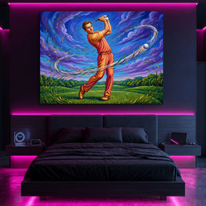 Golfer Cosmic Swing โ golfer cosmic swing sq pink neon room portv2 1land flush print
