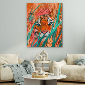 Grassy Tiger - Modern Pink Canvas Wall Art