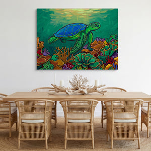 Green Turtle Gliding โ green turtle gliding sq cozy dining room 1land flush print