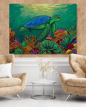 Green Turtle Gliding โ green turtle gliding psd clay wall tan chairs 1land flush print