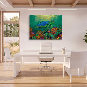 Green Turtle Gliding โ green turtle gliding sq beach house office 1land flush print