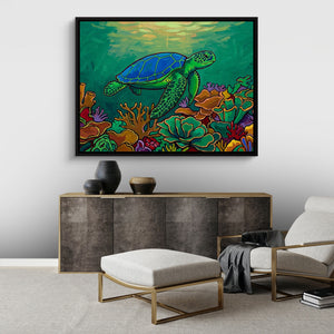 Green Turtle Gliding โ green turtle gliding sq best living room land close 1land framed black