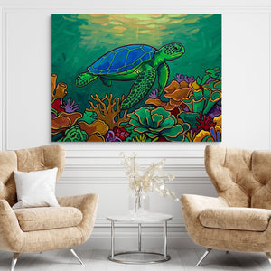 Green Turtle Gliding โ green turtle gliding sq brown chairs 1land flush print