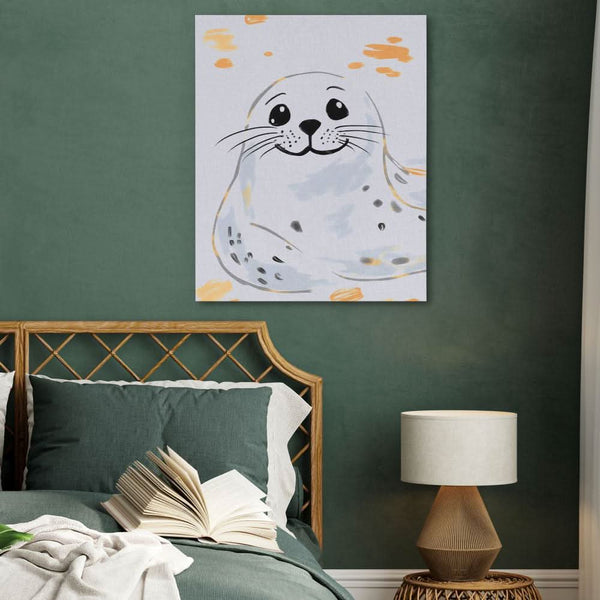Grey and White Seal in a room