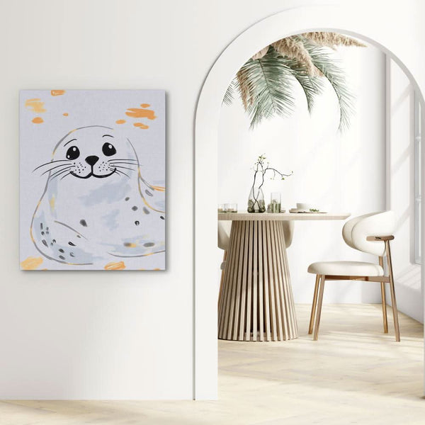 Grey and White Seal in a room