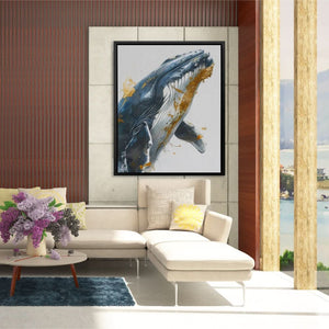 Grey Whale Breaching - Watercolor Wall Art in Black Frame