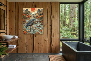 Heron Autumn River โ heron autumn river wooden bathroom with window 1port flush print