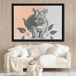 Hippo Flower Dance - Minimalist Pastel Canvas Wall Art