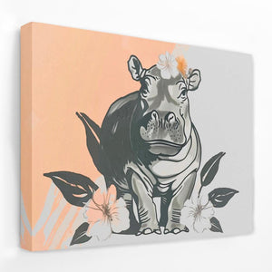 Hippo Flower Dance - Animals Canvas Wall Art