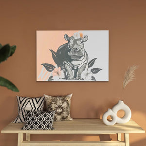 Hippo Flower Dance - Minimalist Wall Art in Black Frame
