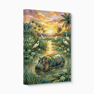 Hippopotamus Golden Sunset โ hippopotamus golden sunset angled flush print