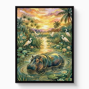 Hippopotamus Golden Sunset โ hippopotamus golden sunset white studio framed black