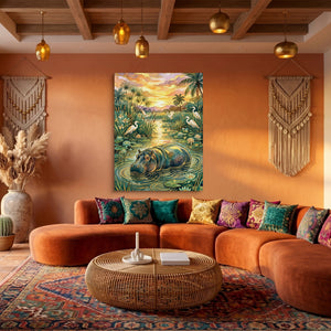 Hippopotamus Golden Sunset โ hippopotamus golden sunset sq boho living 1port flush print