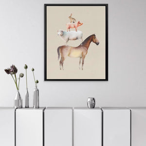 Horse Sheep Pig and Hare - Modern Beige Canvas Wall Art