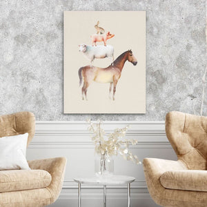 Horse Sheep Pig and Hare - Beige Wall Art for Nursery