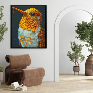 Hummingbird Gold - Bird Wall Art in Black Frame