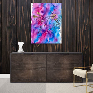 Hummingbird Golden Bloom โ hummingbird golden bloom sq luxurious room wood walls 1port flush print