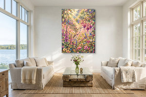 Hummingbird Sunlit Garden โ hummingbird sunlit garden living room with couches 1port flush print