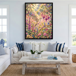 Hummingbird Sunlit Garden โ hummingbird sunlit garden sq cute livingroom 1port framed black