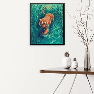 Hunting Green Tiger - Big Cat Wall Art in Black Frame