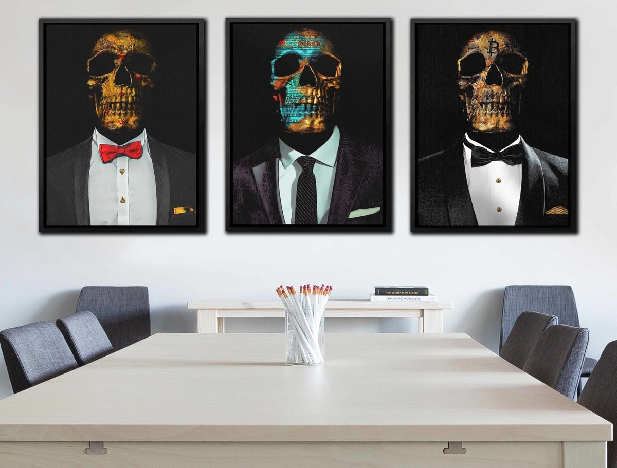 Hustler Skulls 3 Piece Set - Entrepreneur Wall Art in Black Frame