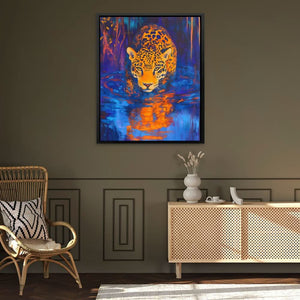 Jaguar at Midnight Stream - Big Cat Wall Art in Black Frame