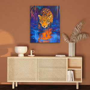 Jaguar at Midnight Stream - Blue Big Cat Canvas Print
