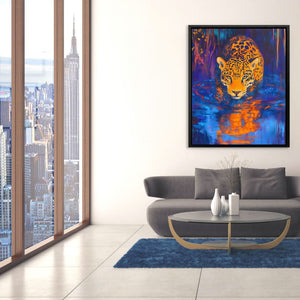 Jaguar at Midnight Stream - Modern Blue Canvas Wall Art