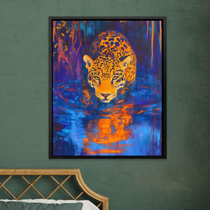 Jaguar at Midnight Stream - Blue Wall Art for Office