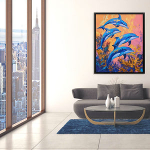 Joyful Blue Dive - Coastal Wall Art in Black Frame