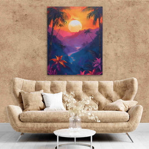 Jungle Sunset - Mountain Wall Art in Black Frame