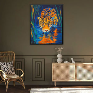 Leopard Stalking the Waters - Wall Art in Black Frame