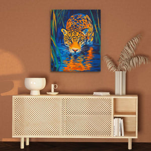 Leopard Stalking the Waters - Blue Canvas Wall Art